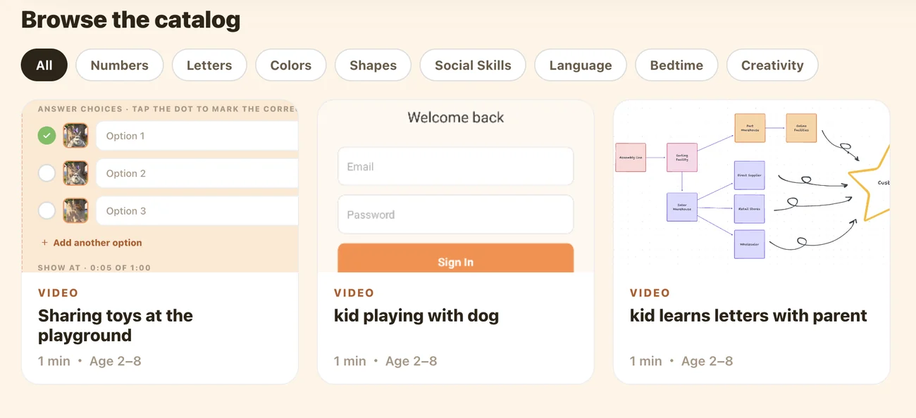 KiDly catalog with learning category tabs and cartoon cards