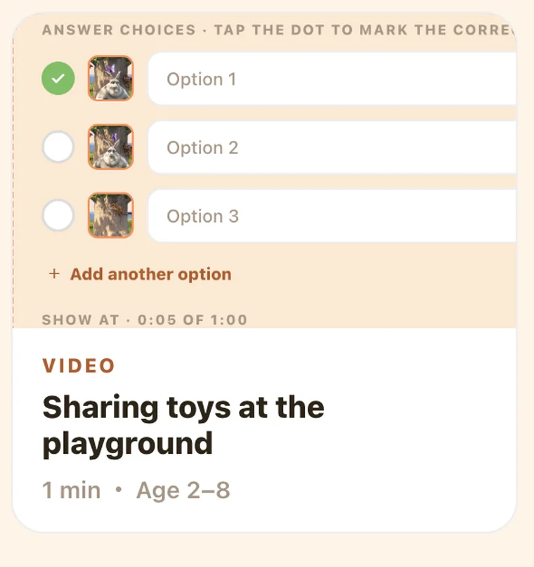 KiDly cartoon pausing to ask one interactive question with answer choices