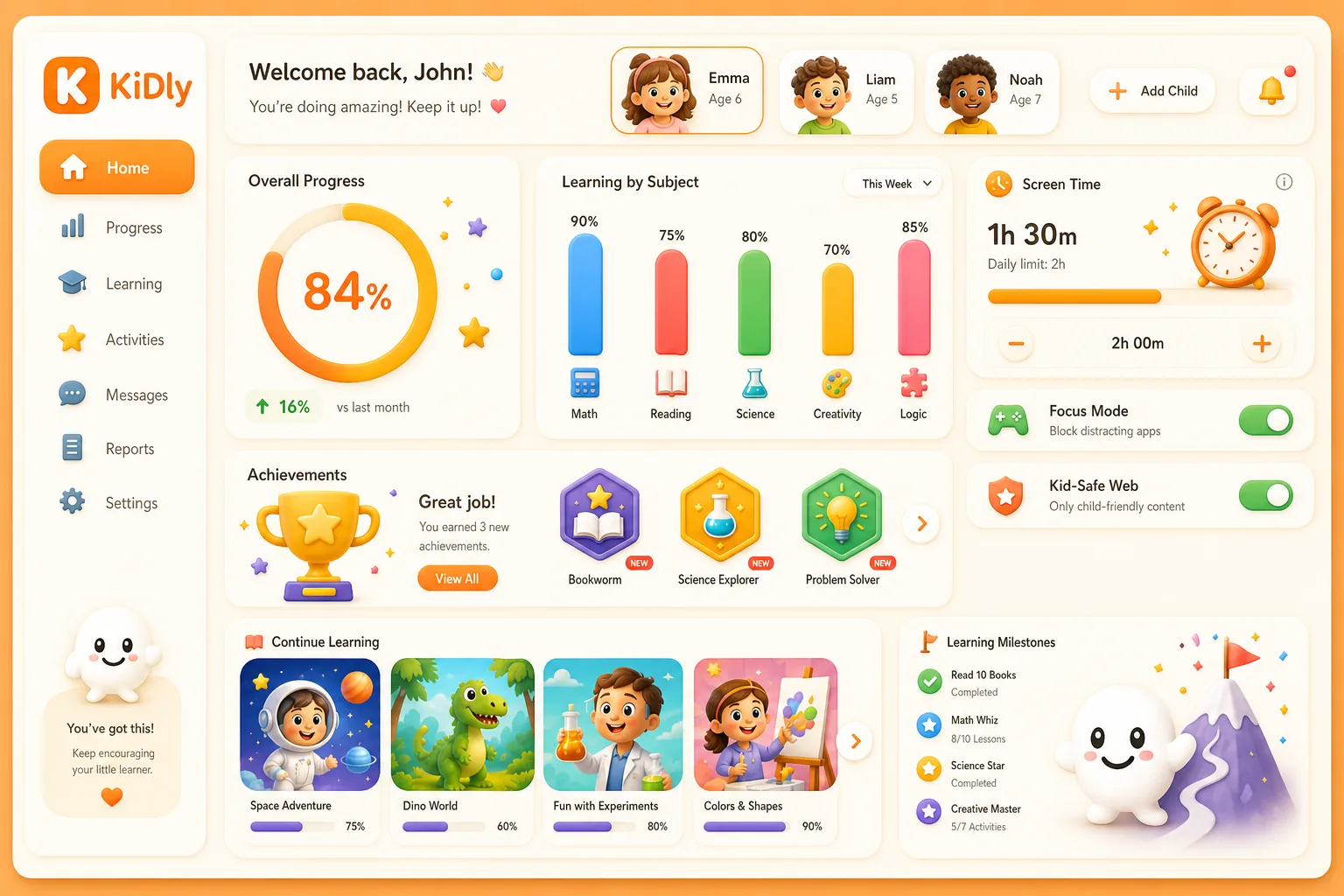 Parent dashboard showing child learning progress in KiDly