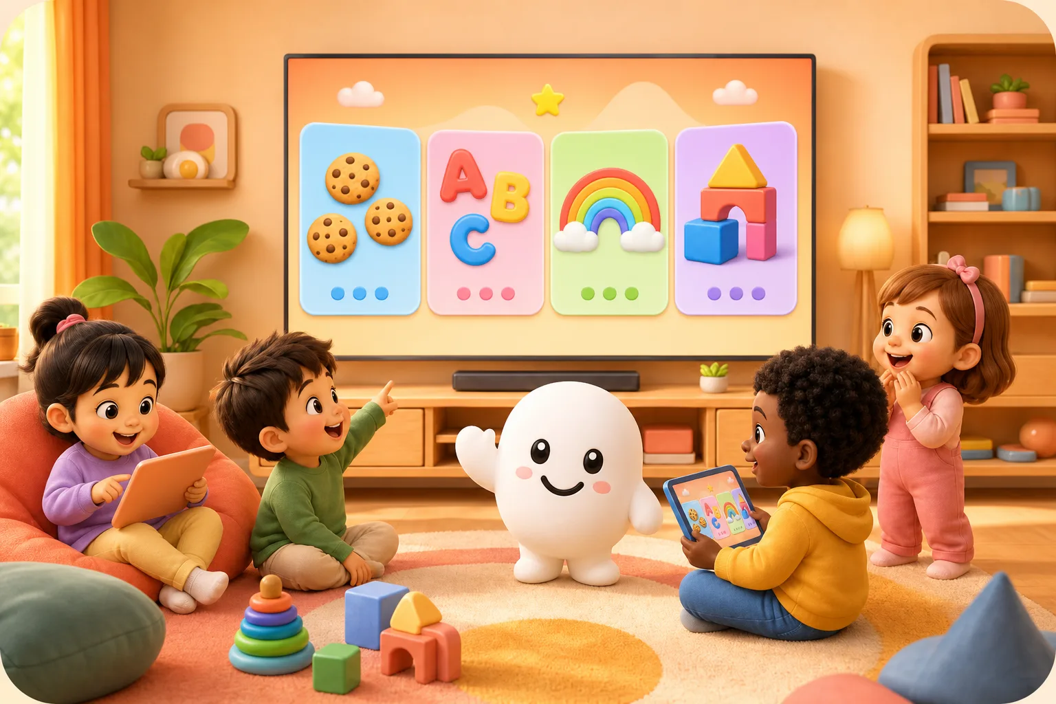 Child using the KiDly educational app on a Smart TV in the living room