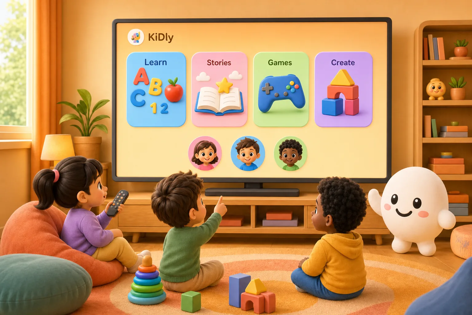 KiDly learning app shown on a Smart TV with interactive lessons